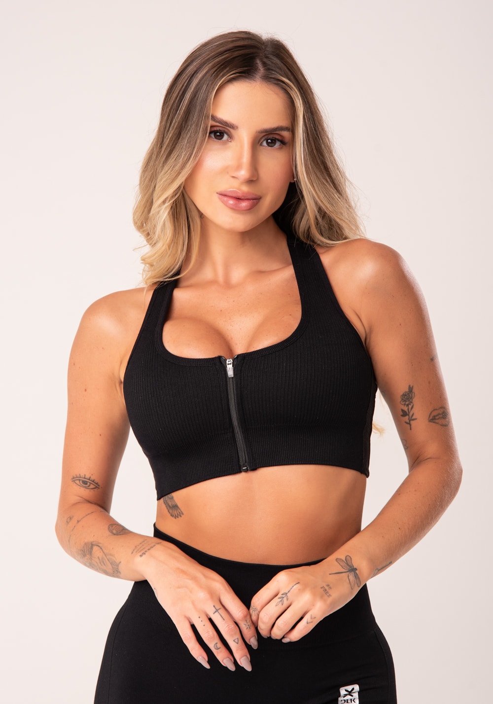 Top fitness feminino nadador com bojo e zíper preto seamless+