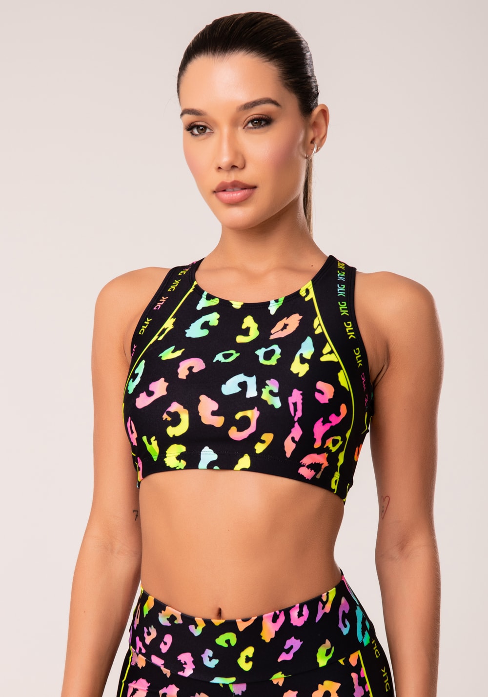 Top fitness feminino nadador estampado neon euphoric printed