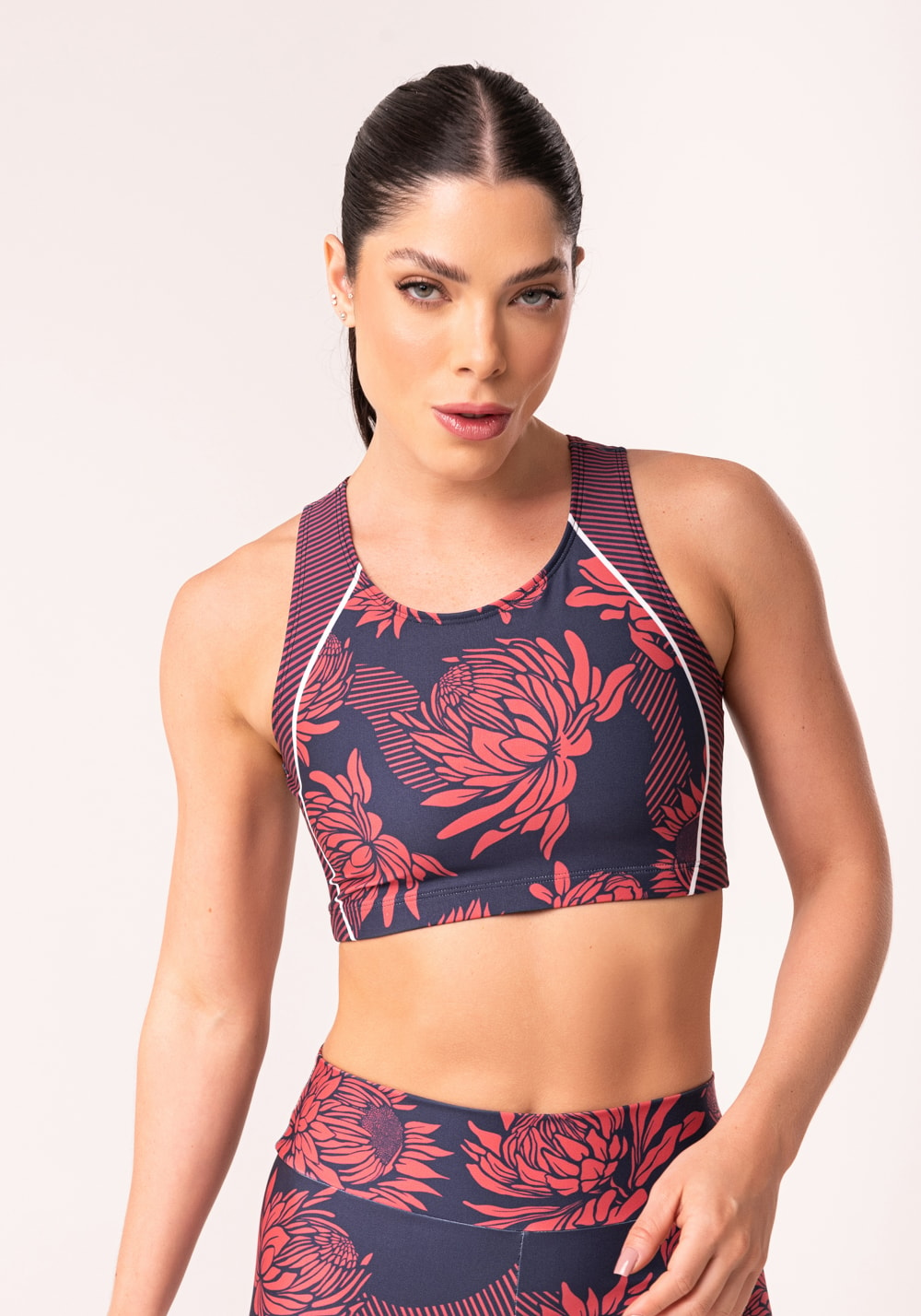 Top fitness feminino nadador floral monocromático printed