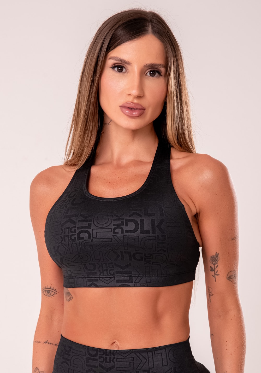 Top fitness feminino nadador preto logomania reflections