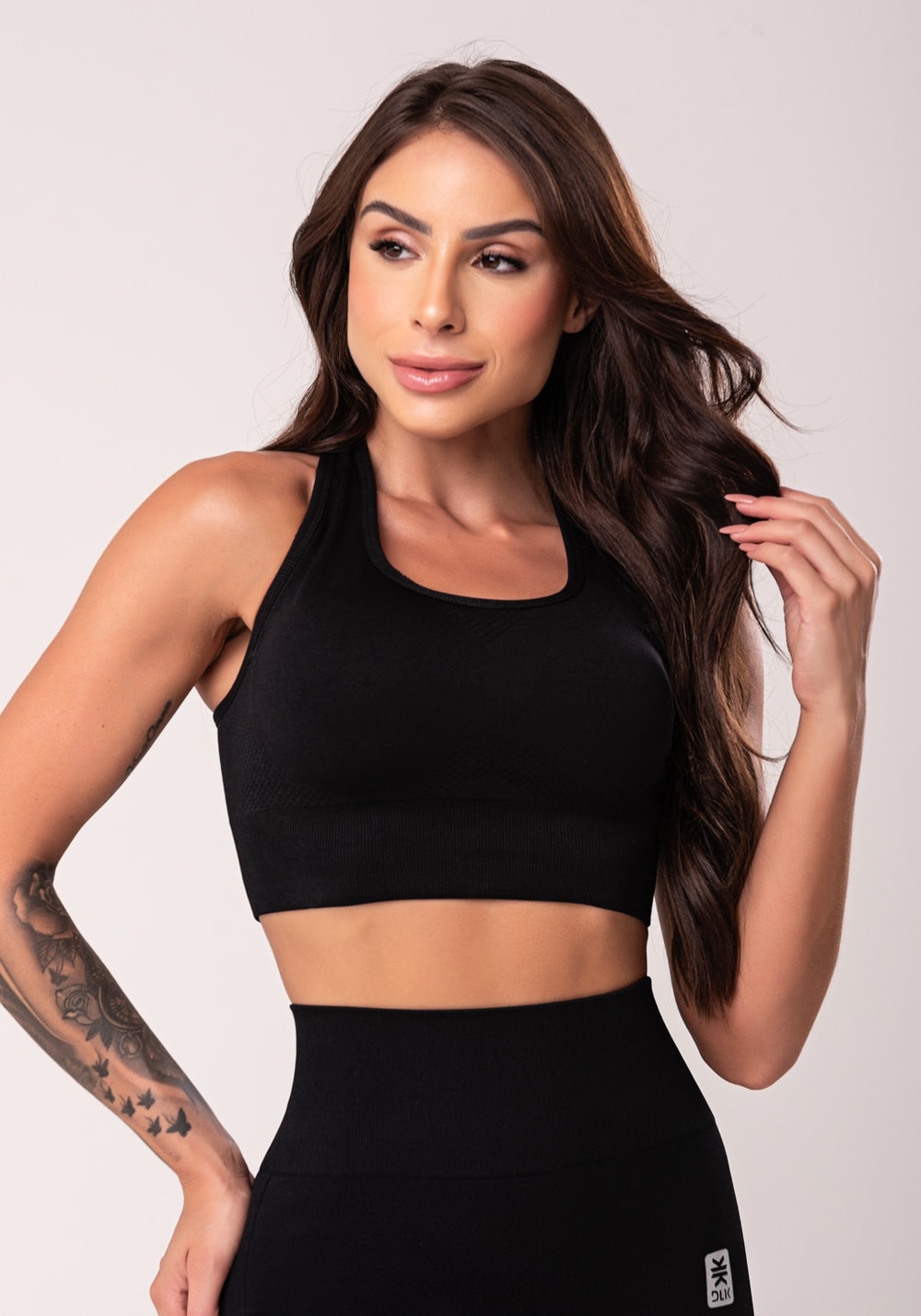 Top fitness feminino nadador preto sem costura com bojo removível seam