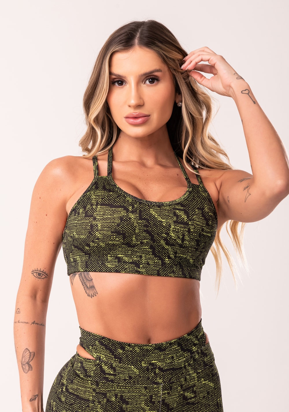 Top fitness feminino neon com alça dupla estampado camouflage euphoria