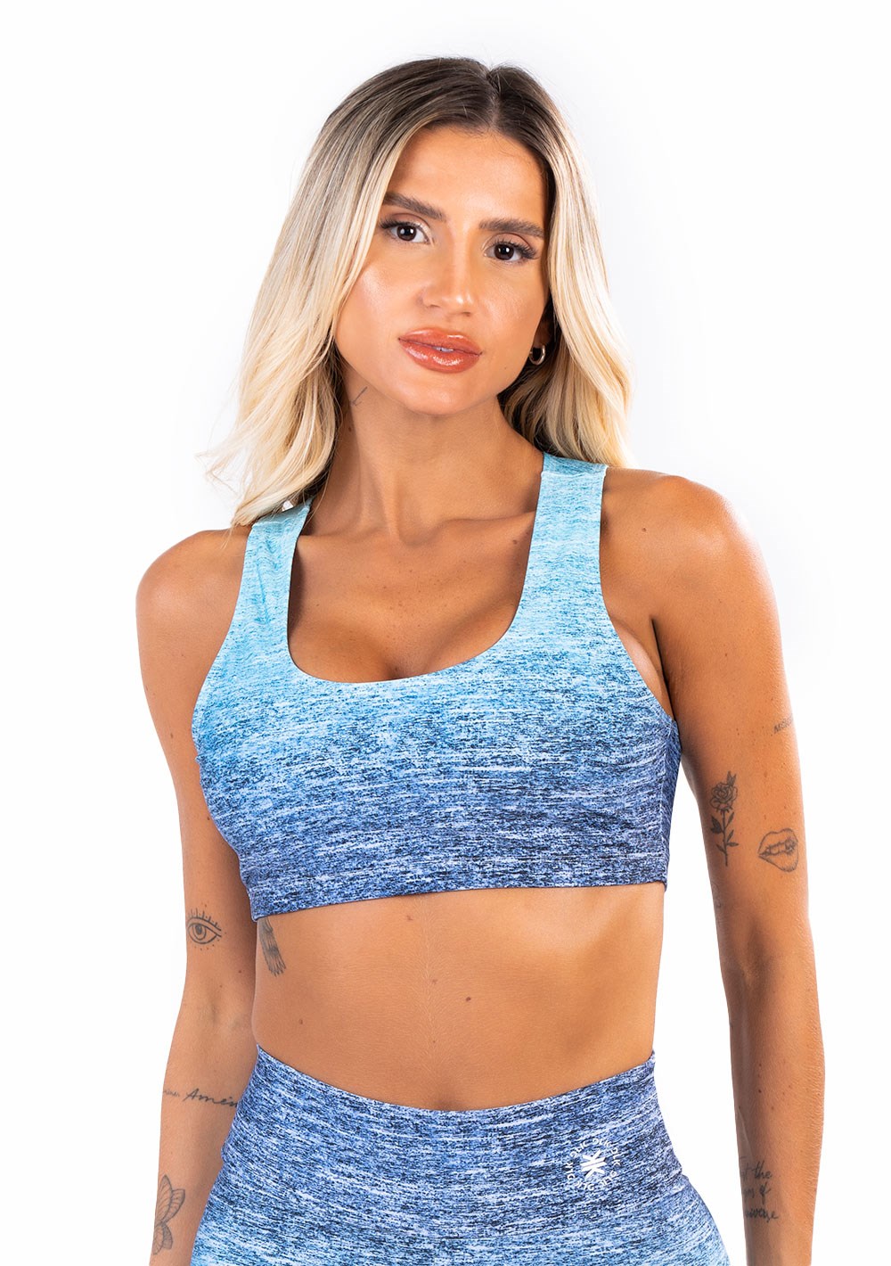 Top fitness feminino new printed estampado melange azul