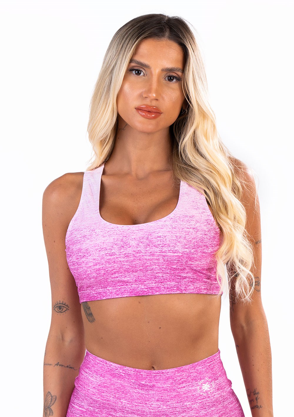 Top fitness feminino new printed estampado melange rosa