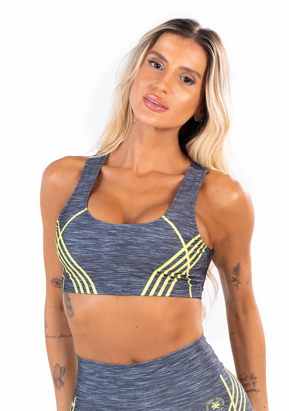 Top fitness feminino new printed estampado mescla cinza