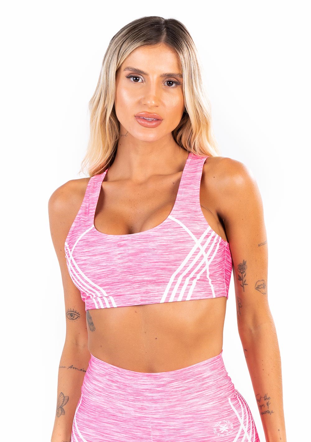 Top fitness feminino new printed estampado mescla rosa e branco