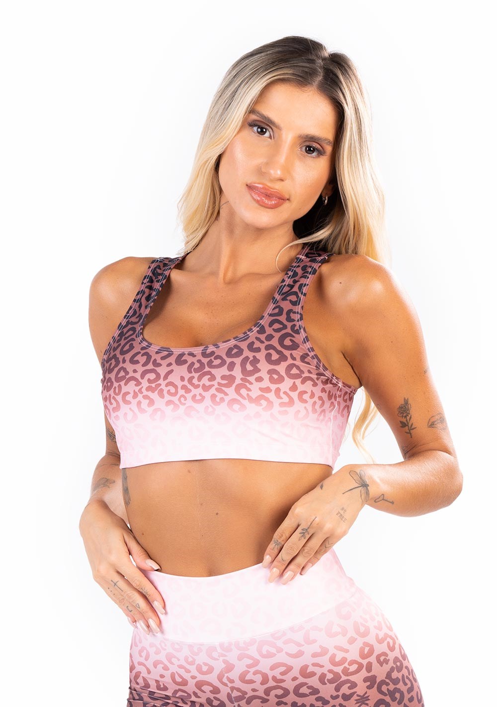 Top fitness feminino new printed estampado onça marrom