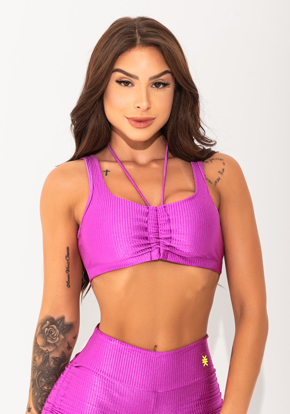 Top fitness feminino rosa canelado com amarração elegance