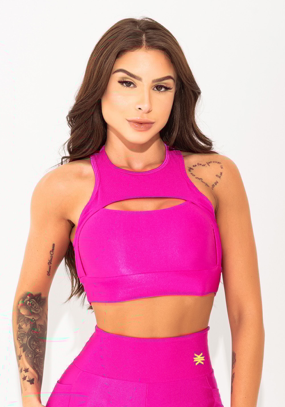 Top fitness feminino rosa canelado cut-out elegance