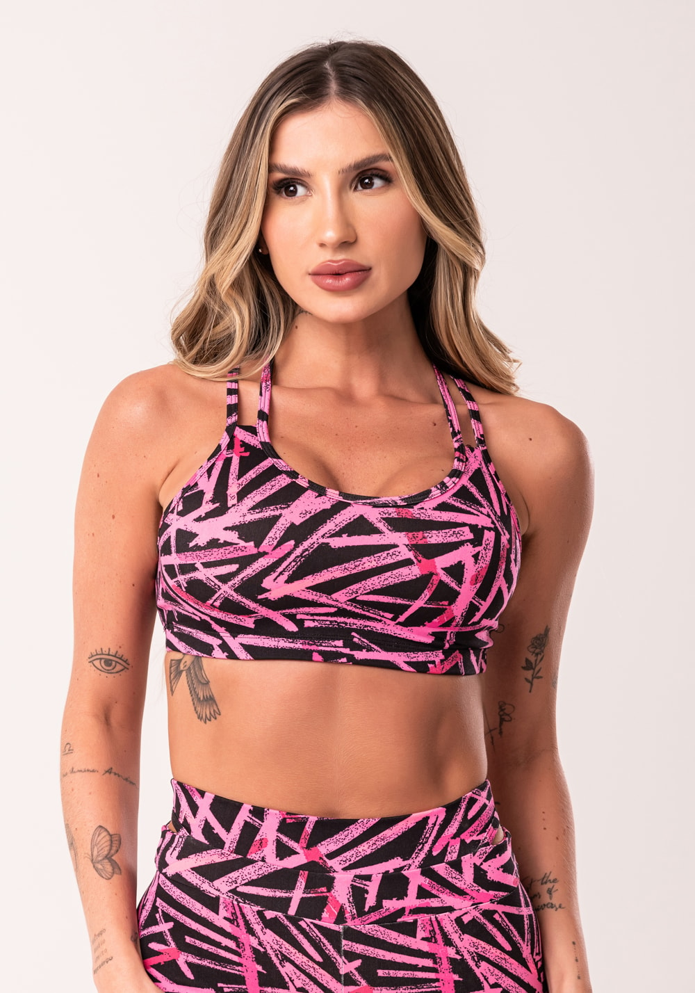 Top fitness feminino rosa com alça dupla estampado sticks euphoria