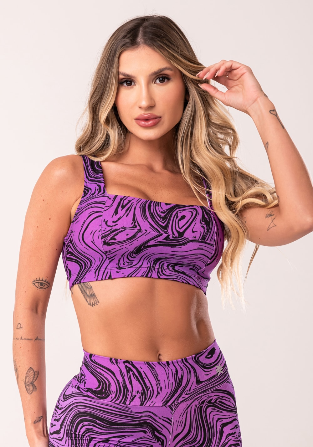 Top fitness feminino rosa decote reto estampado abstract duo euphoria