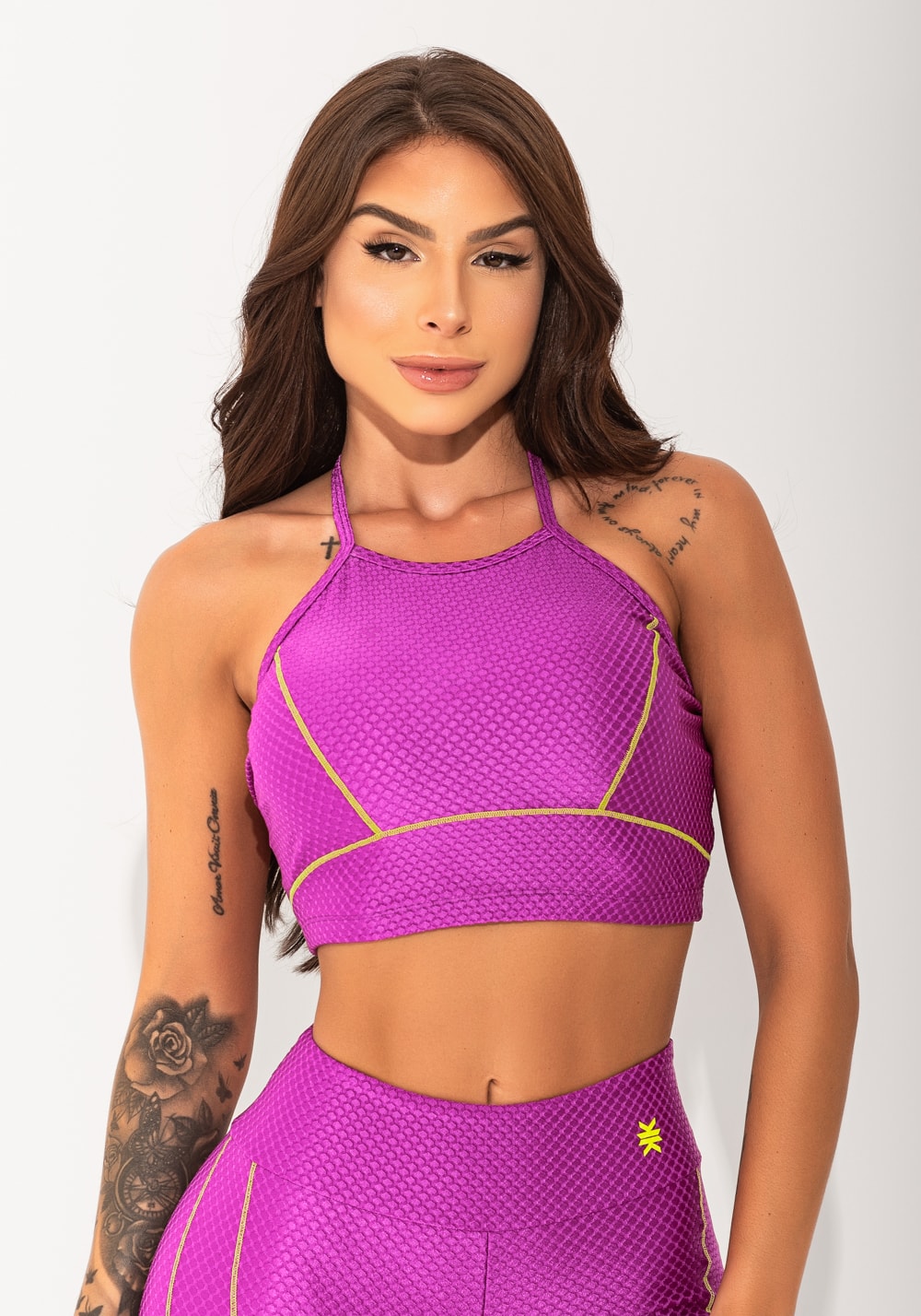Top fitness feminino roxo texturizado com pesponto elegance dlk
