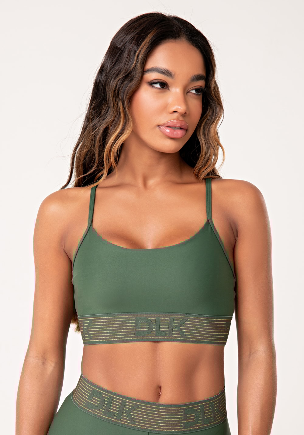 Top fitness feminino verde com bojo e elástico  lurex lush dlk