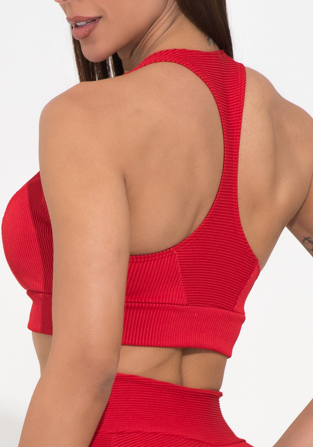 Top fitness feminino vermelho canelado modelo nadador action dlk