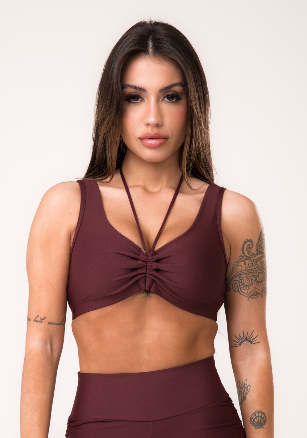 Top fitness feminino vinho com franzido e amarração aura dlk